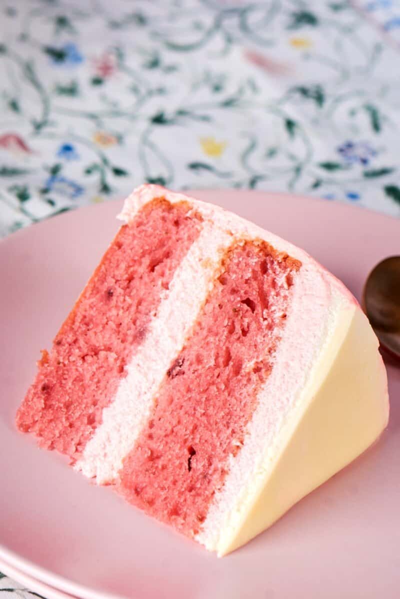 slice of vegan strawberry cake. 