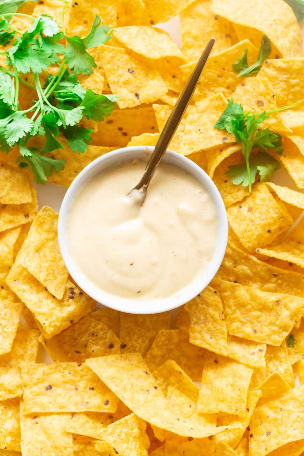 low carb cheese sauce in a serving dish with keto tortilla chips around it. 