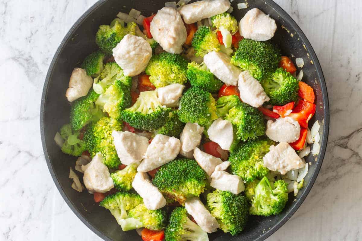 chicken and vegetables in a pan