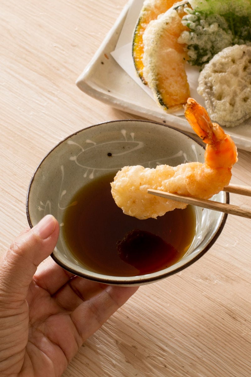 tempura dipping sauce with tempura shrimp.