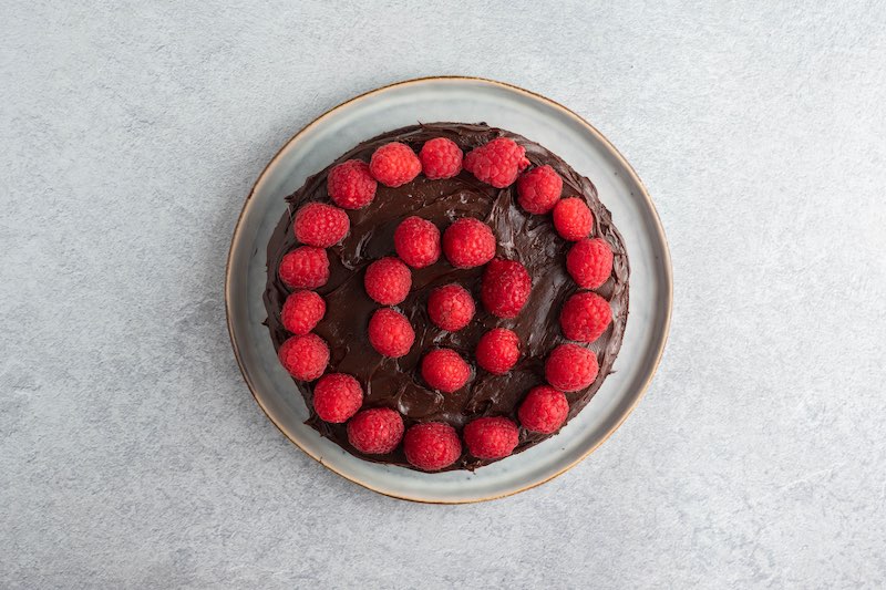 chocolate cake with raspberries.