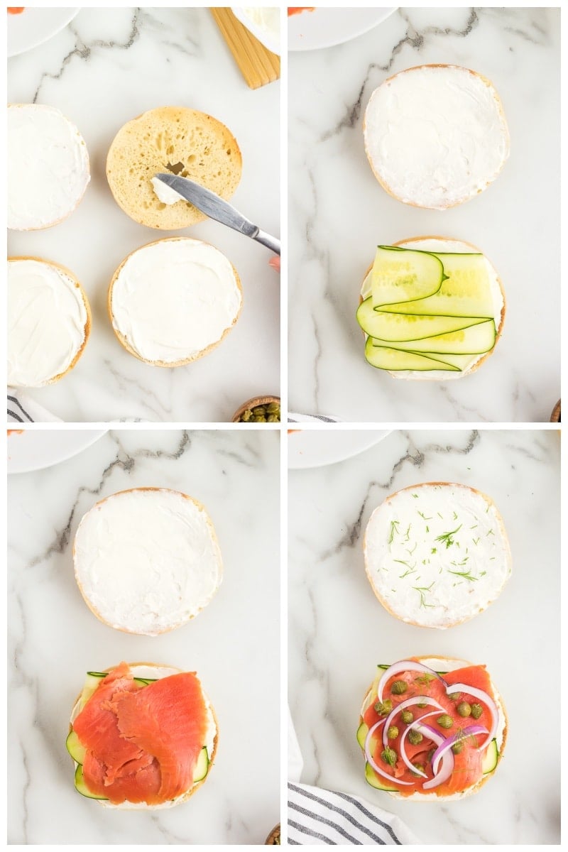 how to make a smoked salmon bagel collage.