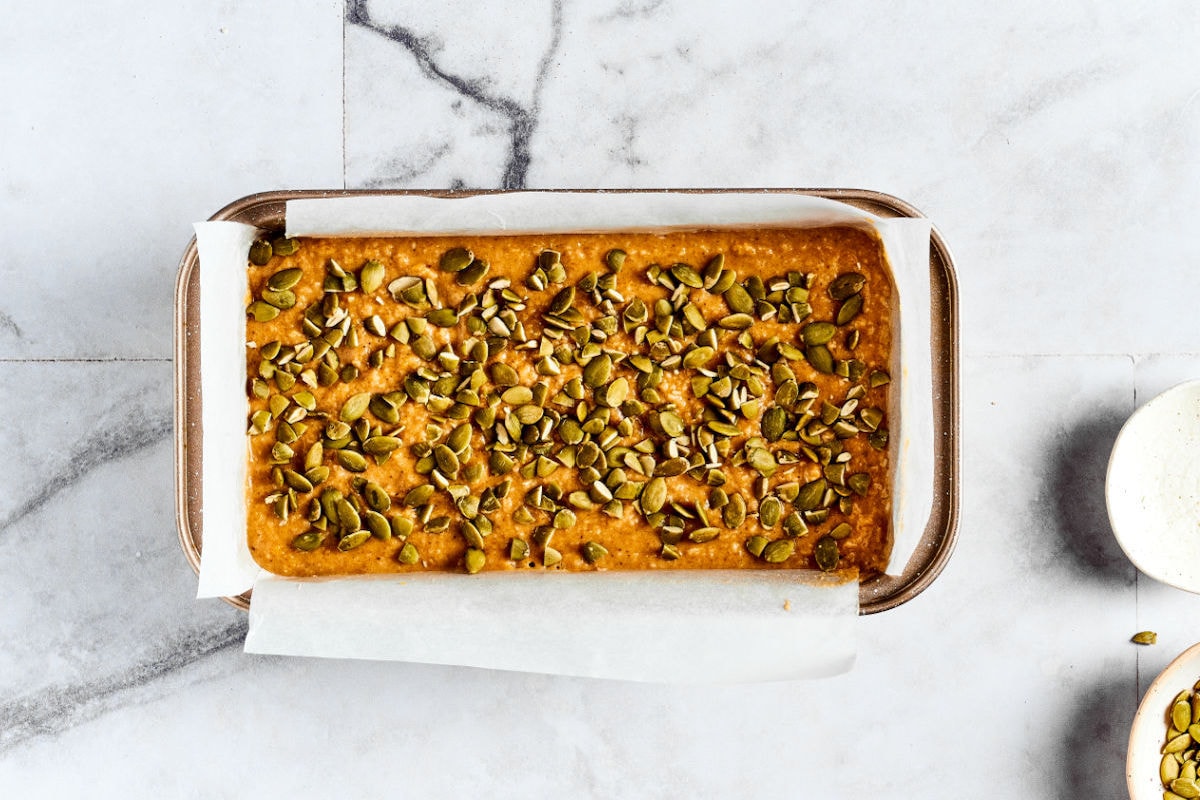 pumpkin bread in pan.