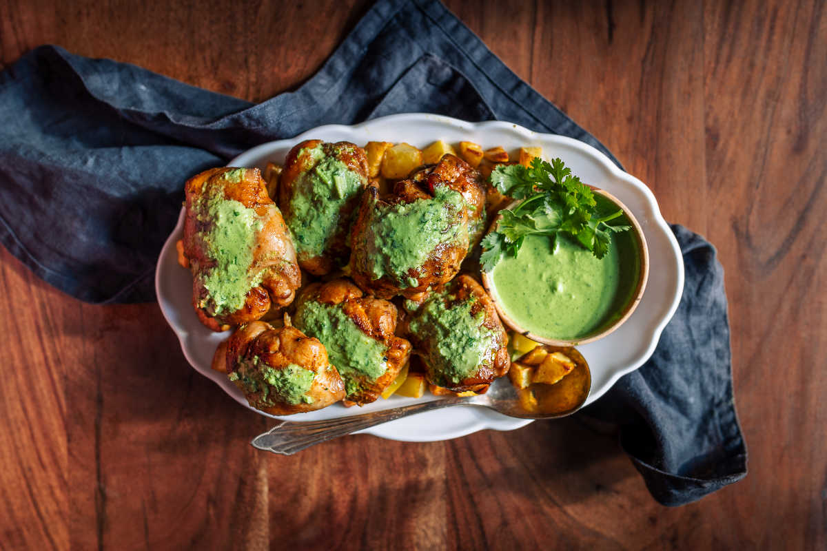chicken with green sauce.