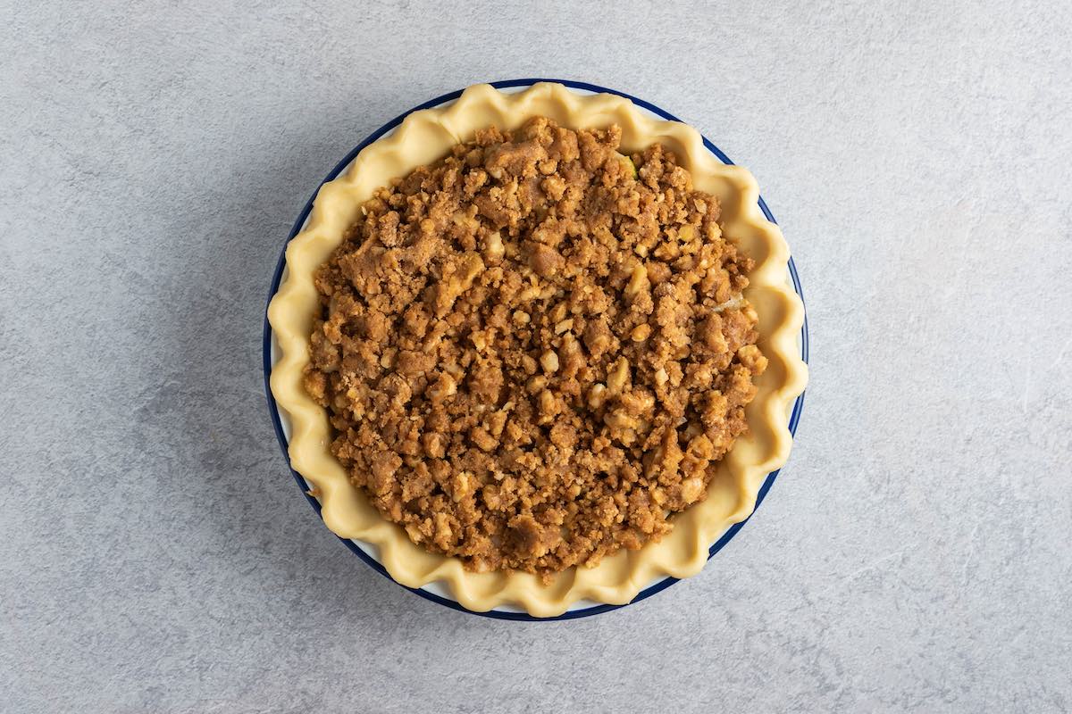 pre-baked apple pie with crumb topping.