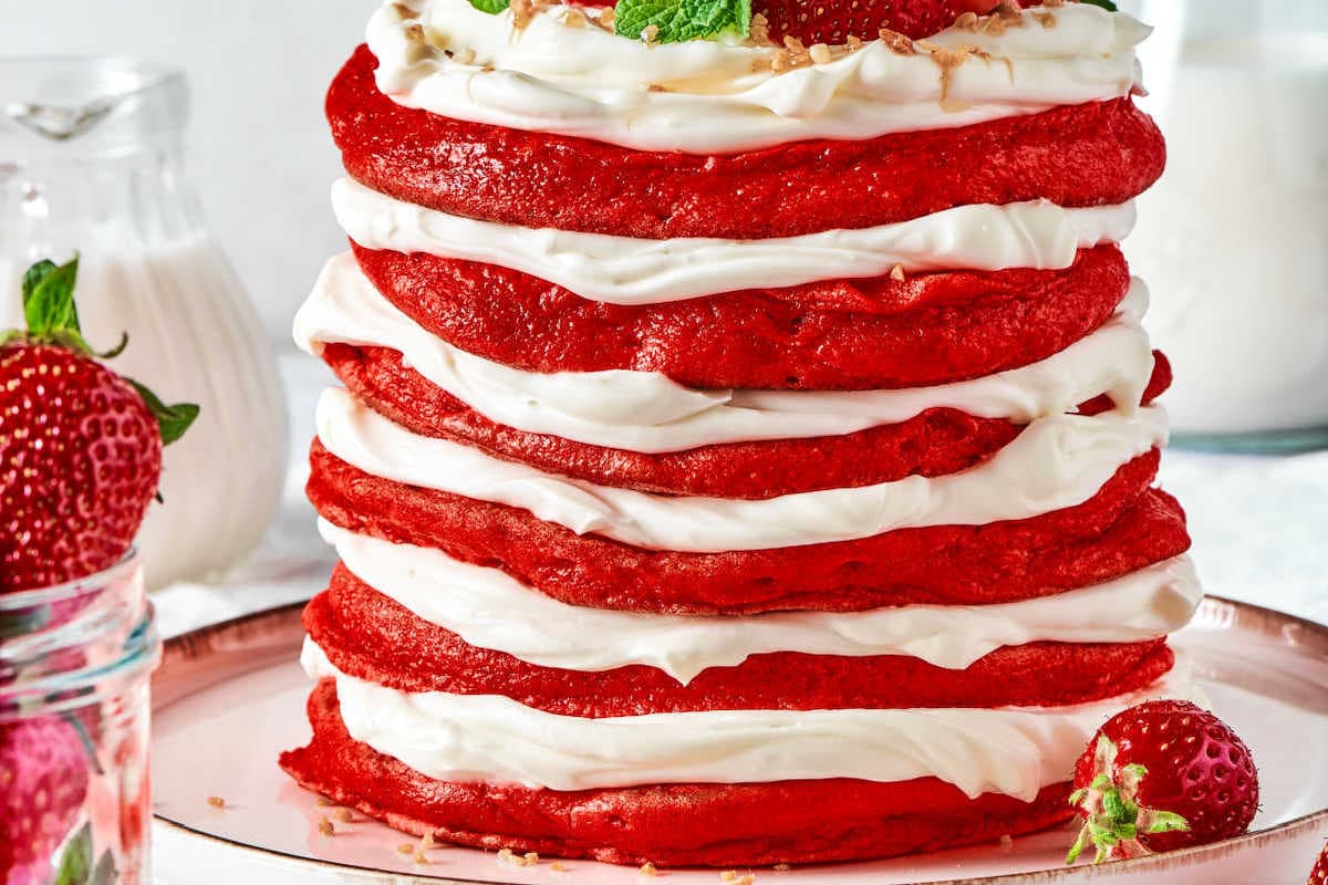 red velvet pancakes with cream cheese frosting.