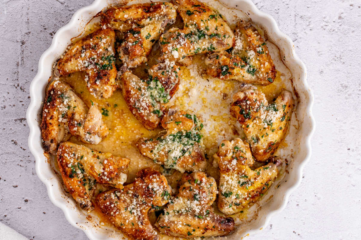 baked chicken wings with parmesan cheese and garlic.