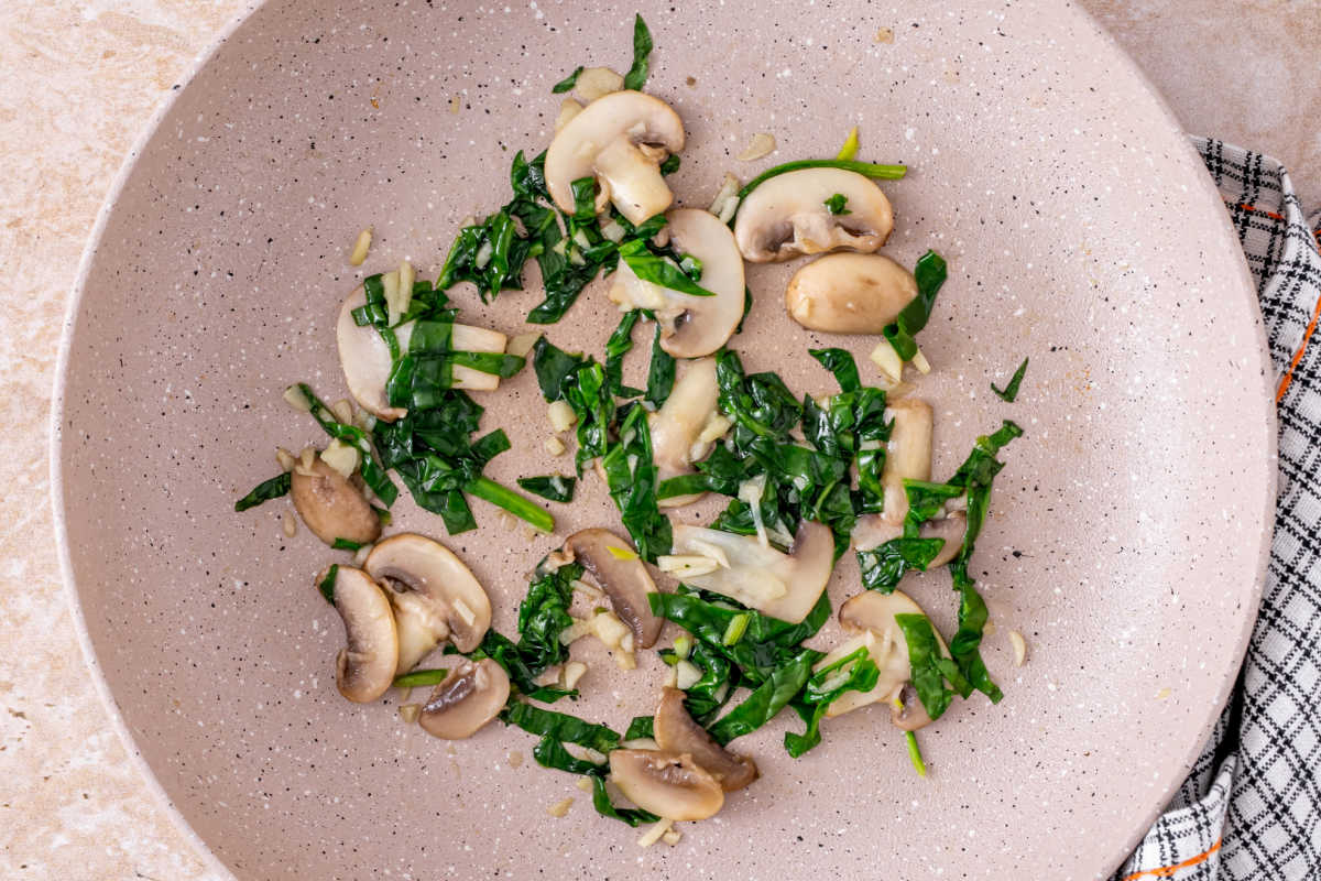 fried mushrooms and spinach.