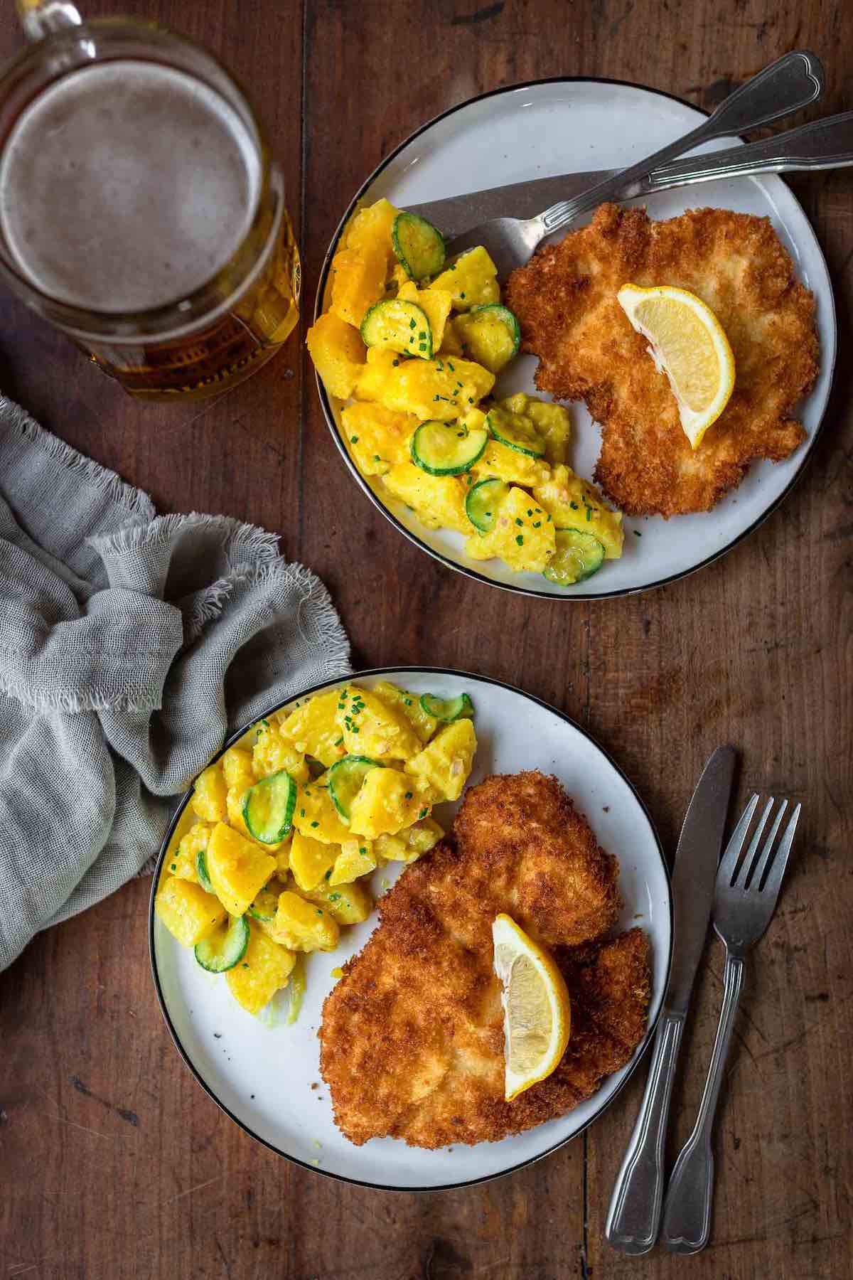 warm german potato salad with chicken schnitzel. 