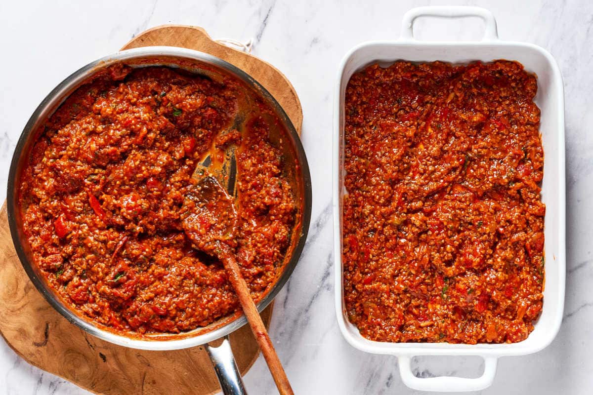 meat sauce in baking dish.