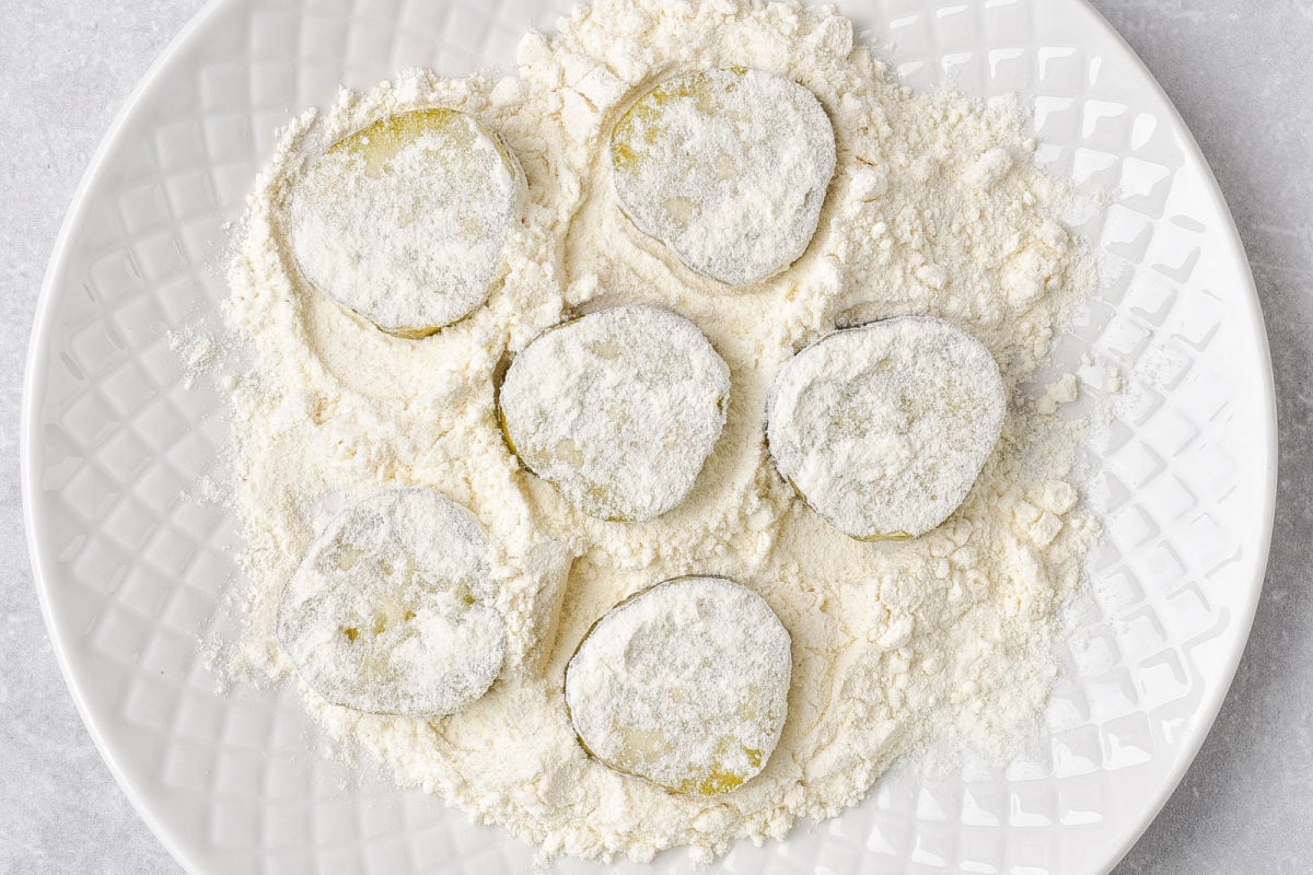 pickle slices in flour. 