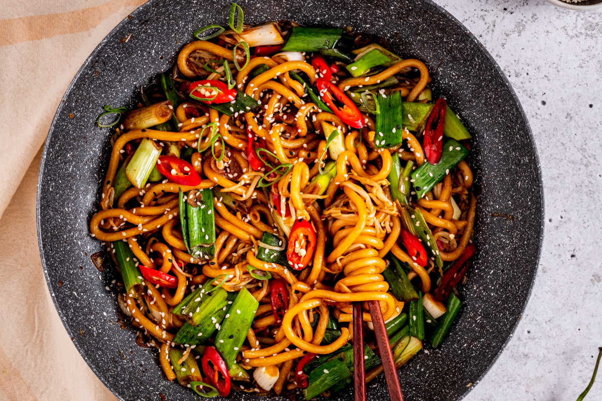spicy noodle sauce with noodles.