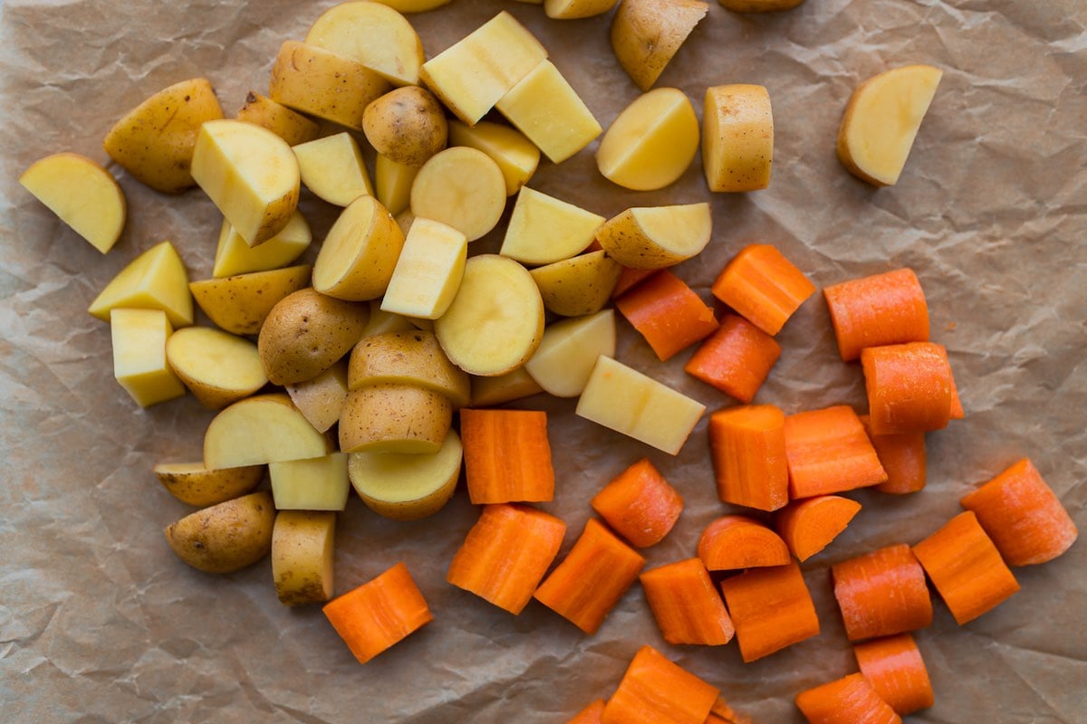 chopped potatoes and carrots.