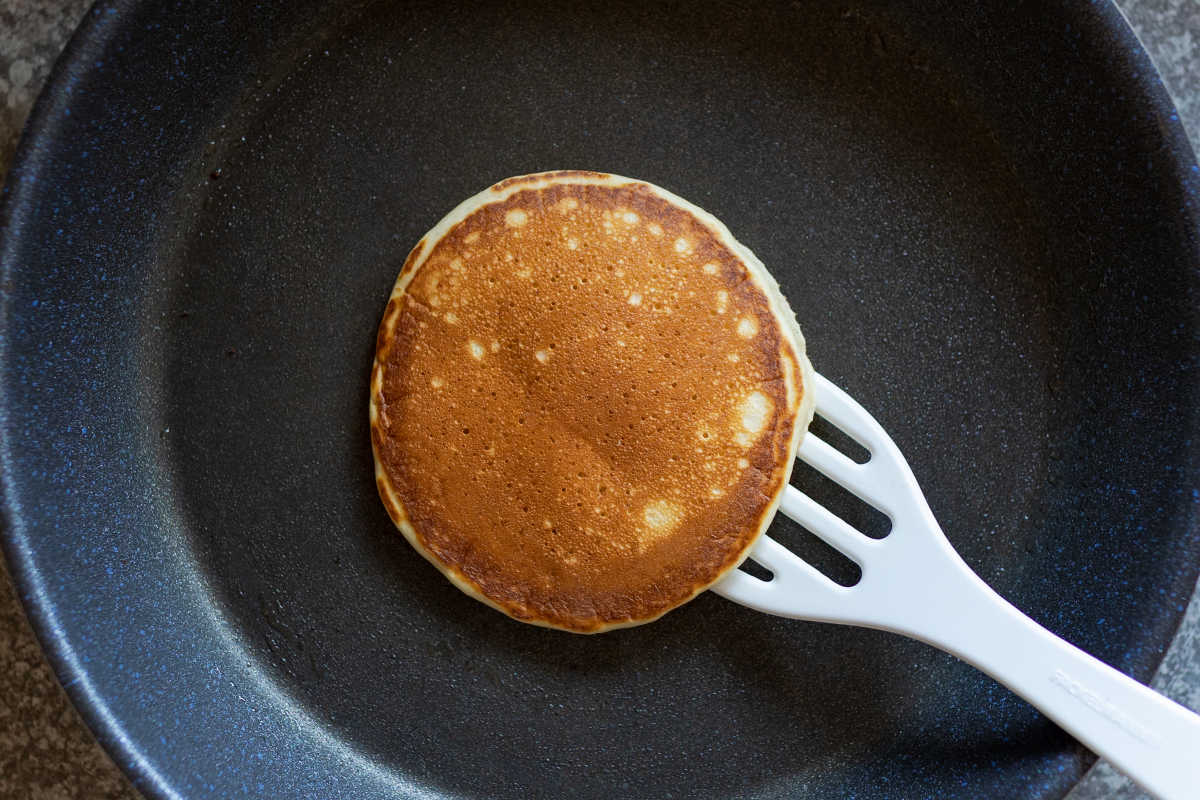 pancakes on frying pan.