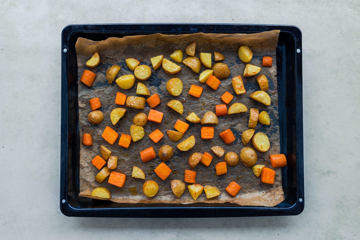 roasted carrots and potatoes.