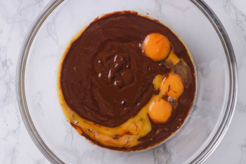 egg yolks in melted chocolate.