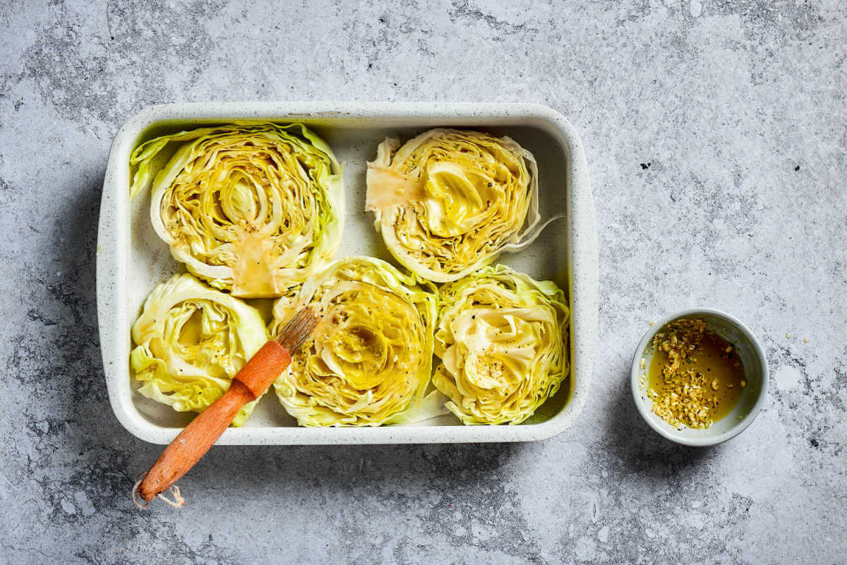 seasoned cabbage steaks.