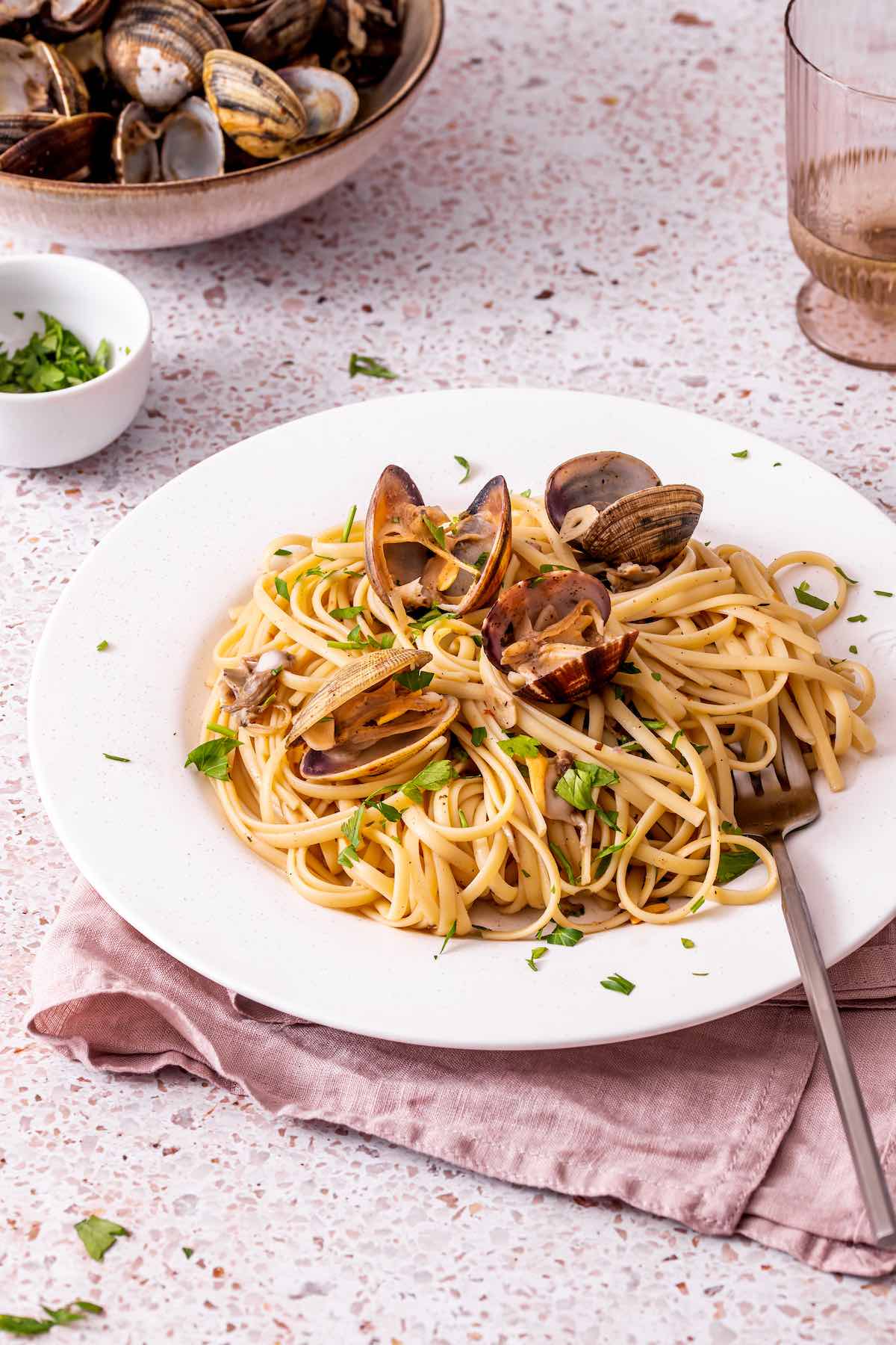 plate of linguine with clam sauce.