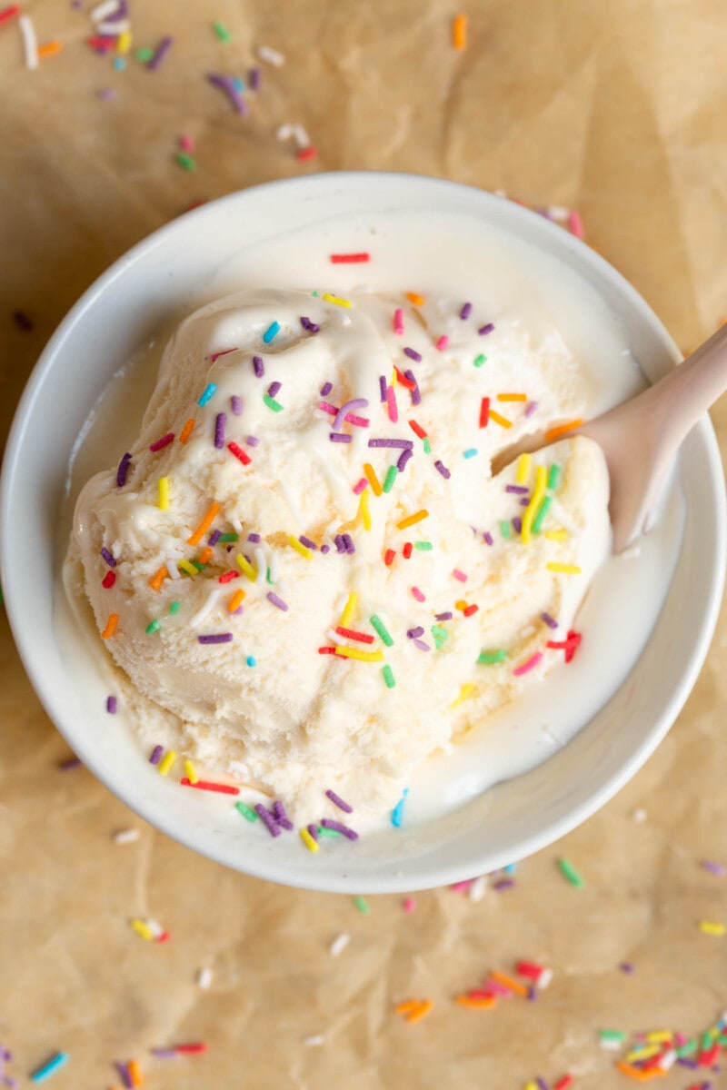 2 Ingredient cottage cheese with multicolored sprinkles on a baking sheet.