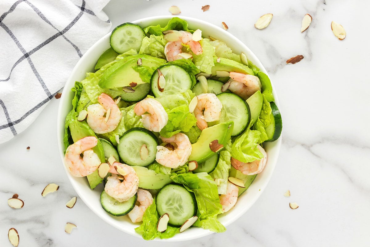 shrimp salad with garnish.