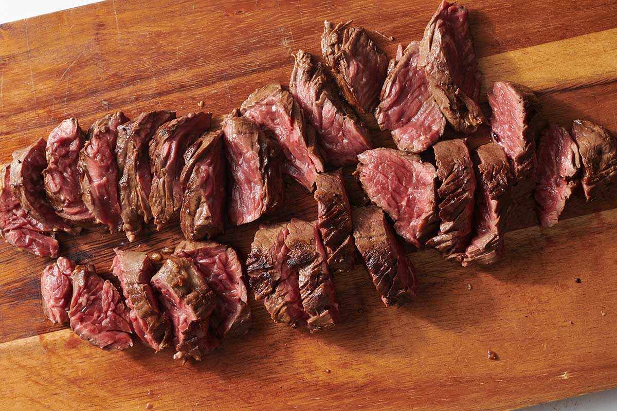 sliced hanger steak.