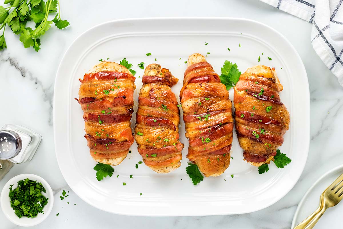 broiled bacon wrapped chicken.