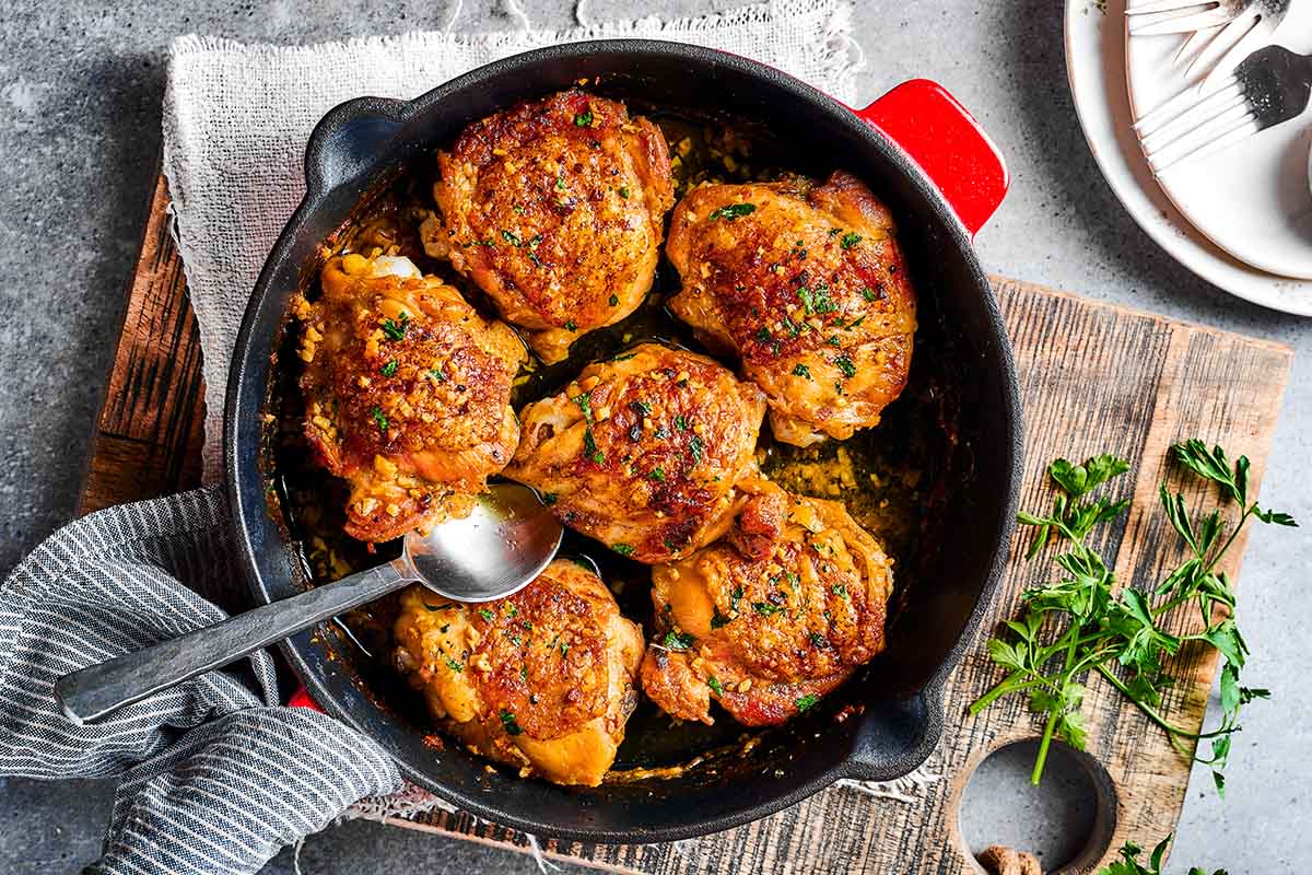 crispy baked cast iron chicken thighs. 