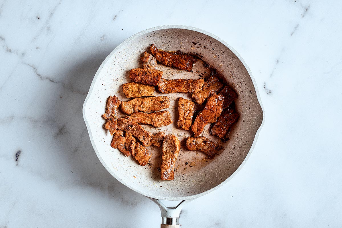 browned steak strips.