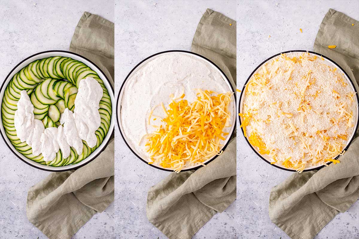 adding topping to a zucchini casserole.