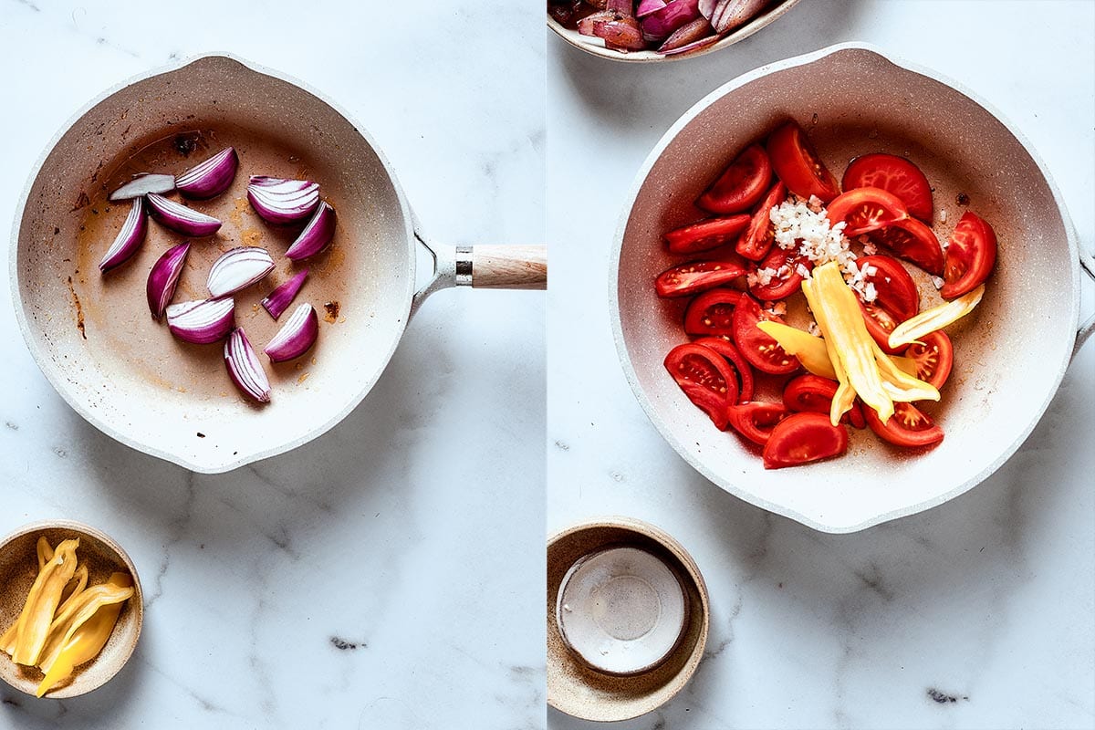 vegetables frying in skillet.