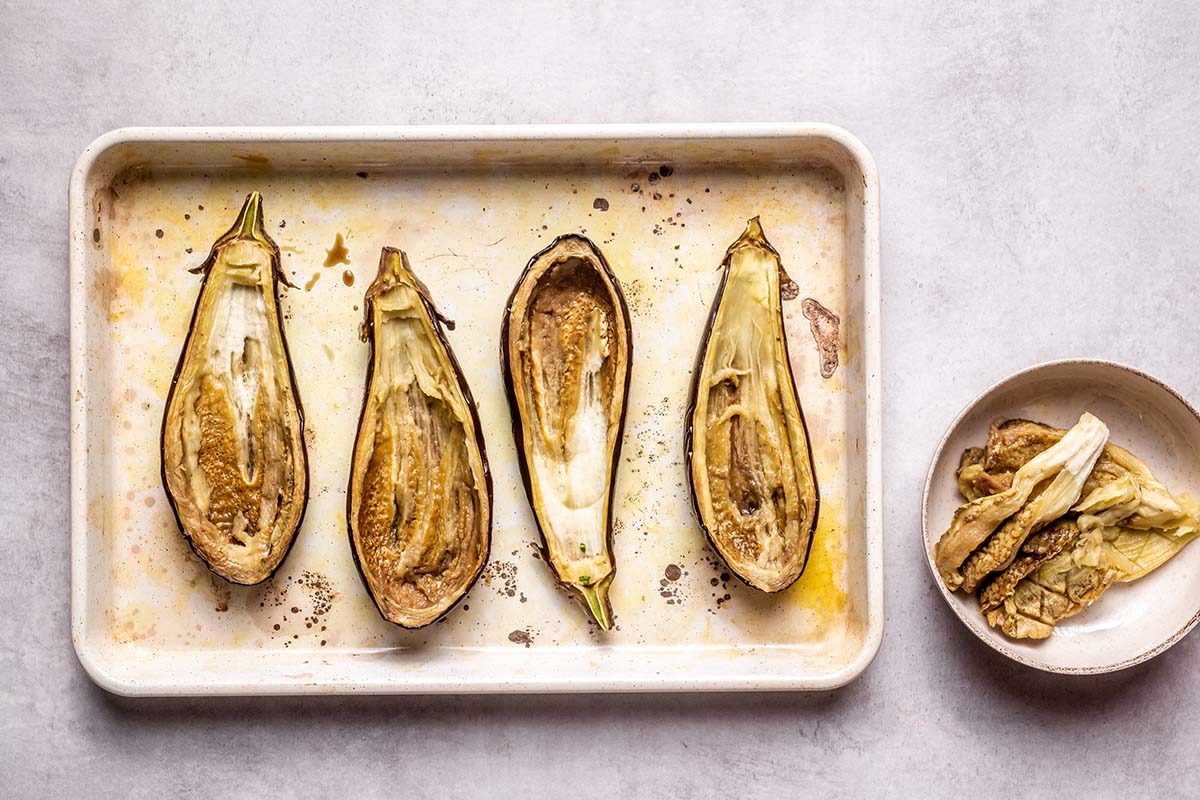 baked and scooped eggplant.