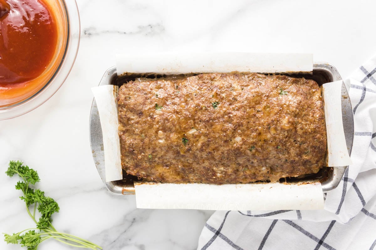 baked meatloaf in tin.