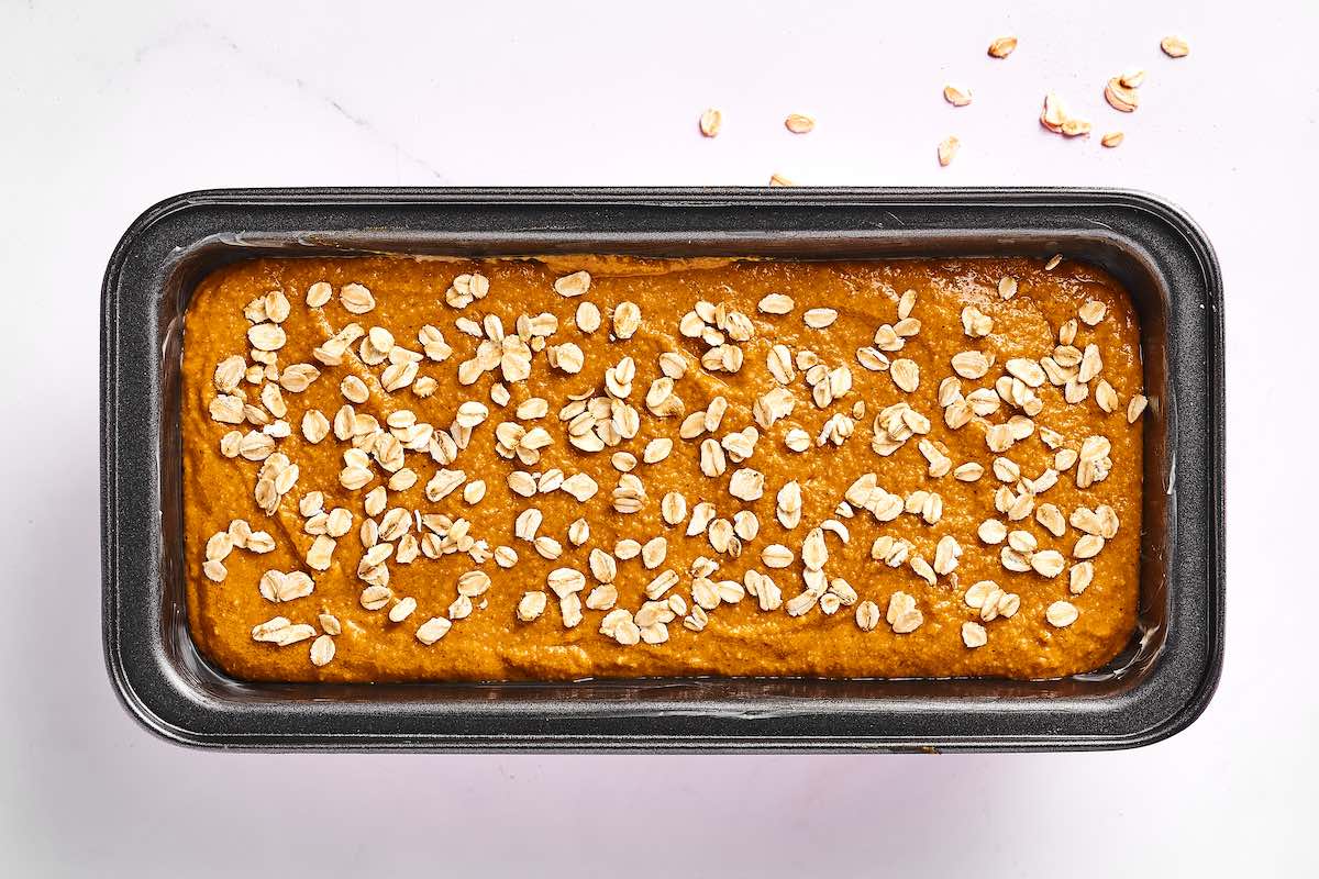 pumpkin bread mixture in baking pan. 