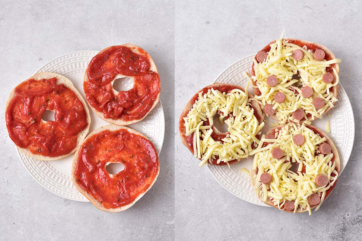 sliced bagels with toppings.