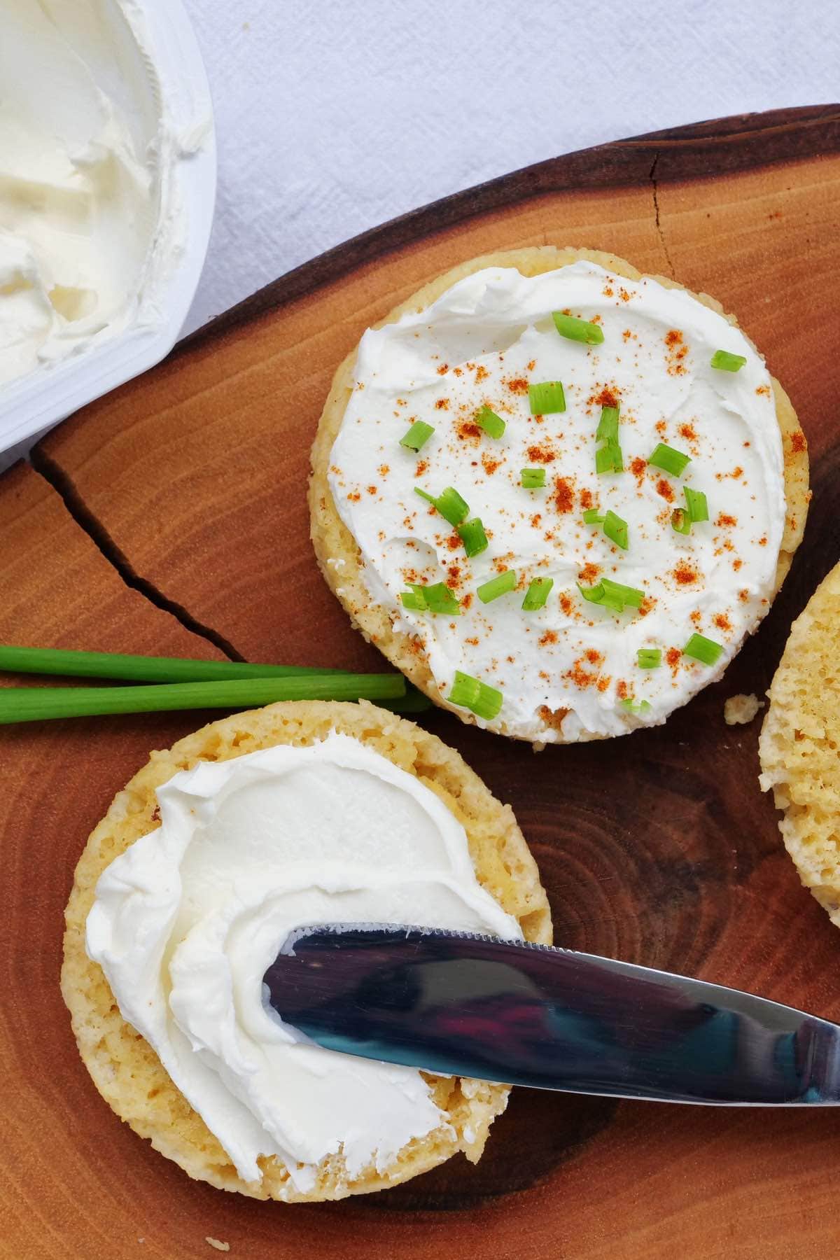 90 second keto bread with cream cheese and scallions.
