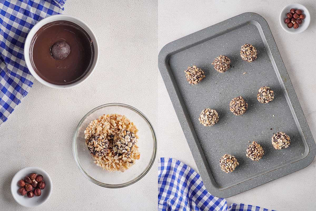 rolling chocolate balls in crushed hazelnuts.
