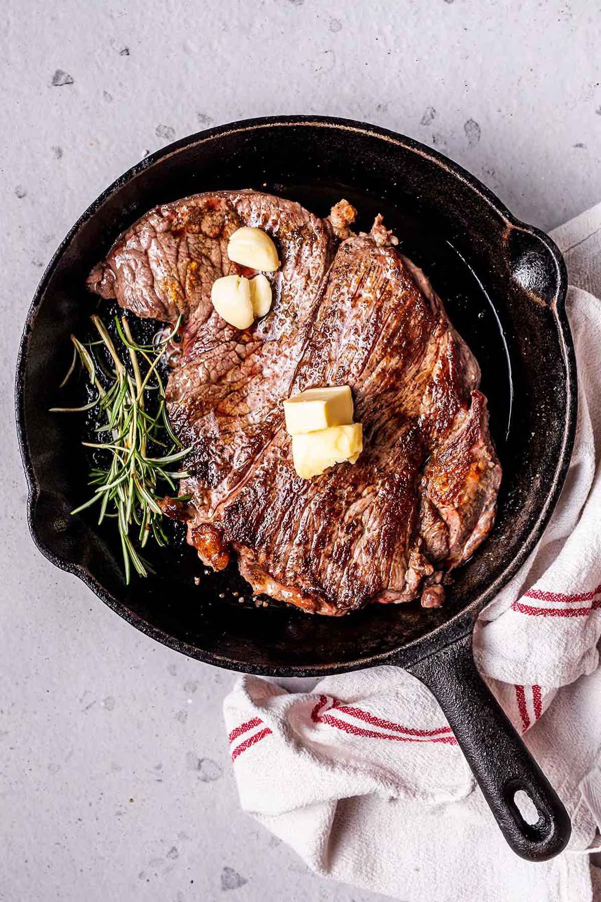 beef round steak in a skillet.