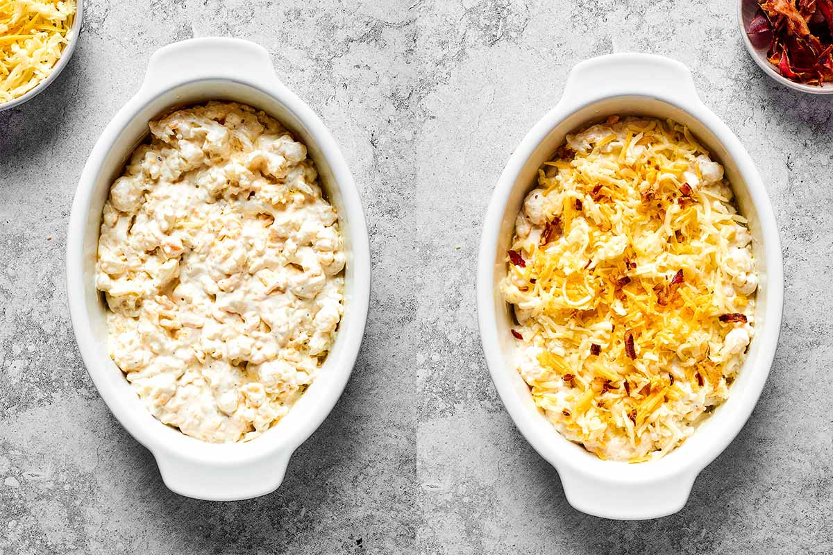 cauliflower mixture in baking dishes with cheese on top.