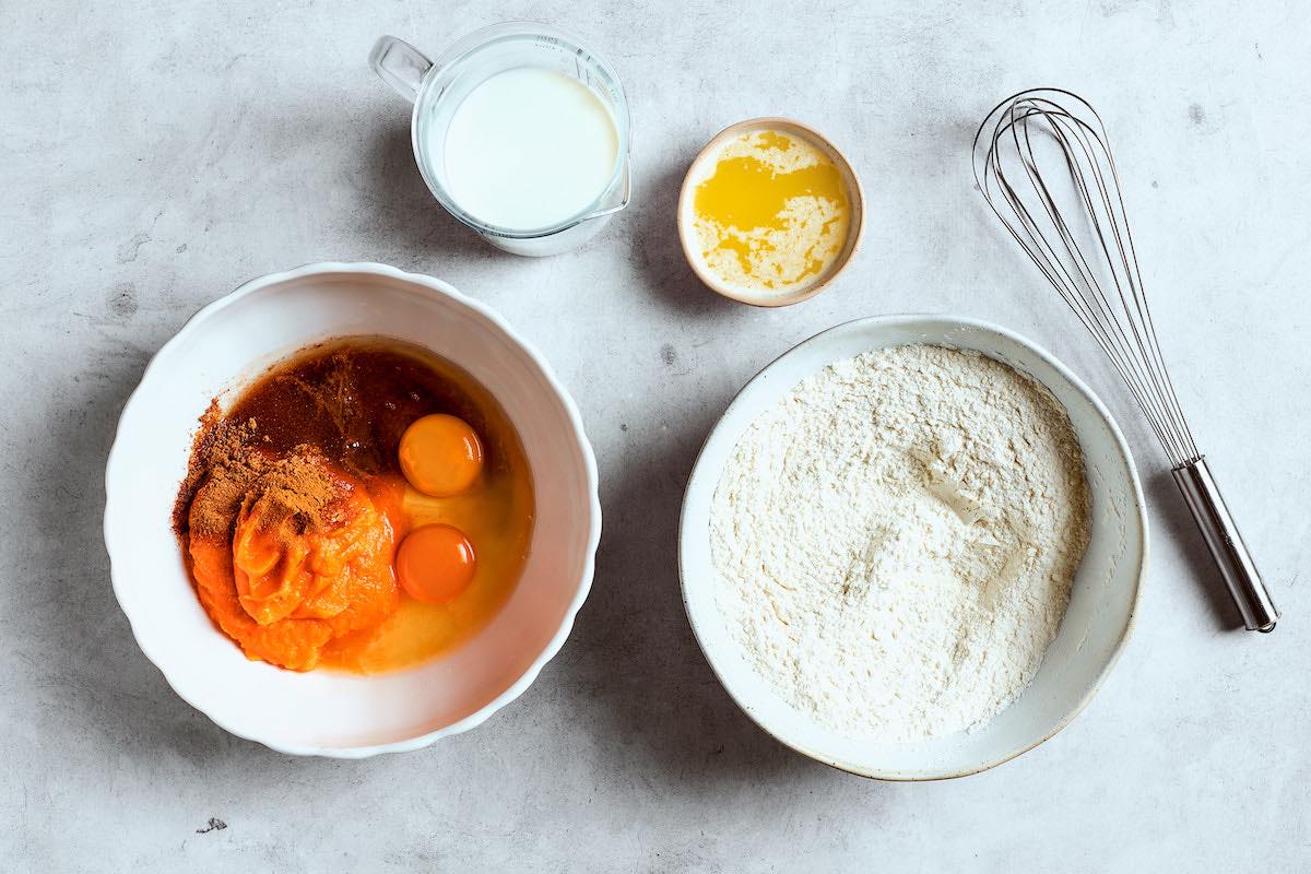 ingredients in mixing bowls. 