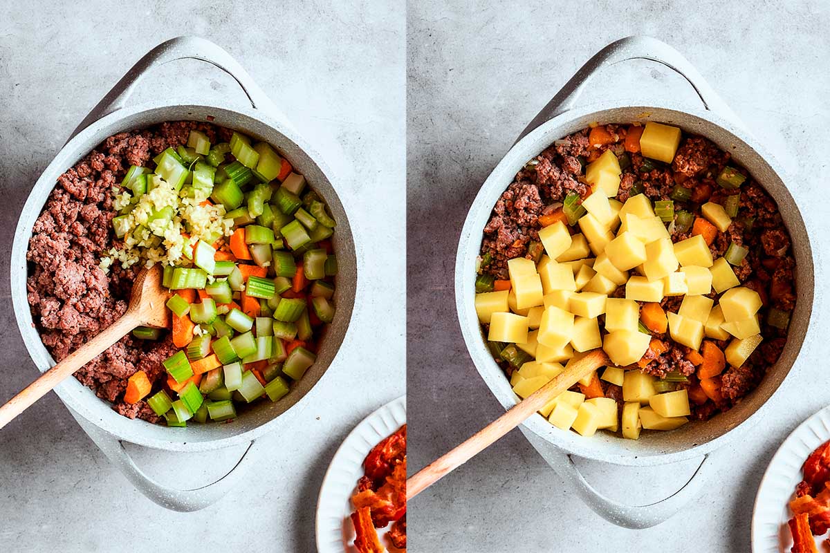 sauteed ground beef and vegetables in soup pot.