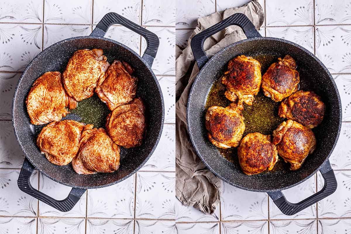 seared chicken thighs in a skillet.