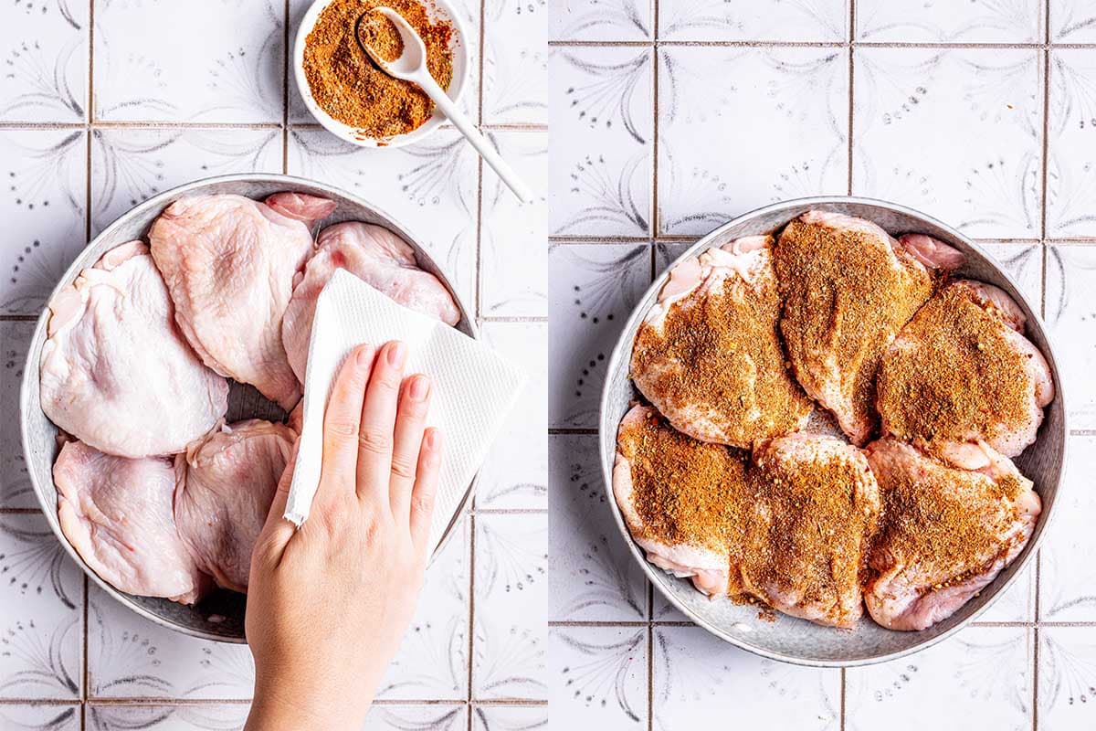 patting dry and seasoning chicken thighs.