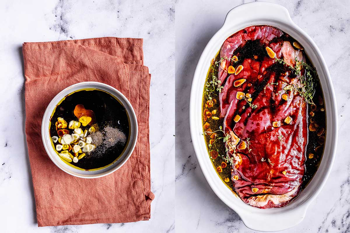 steak marinating in a bowl.