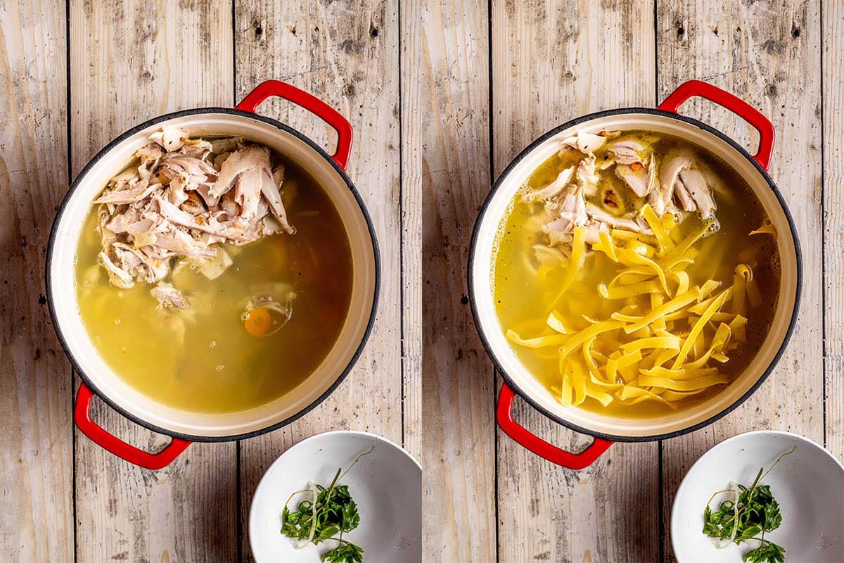 turkey and noodles in pot.