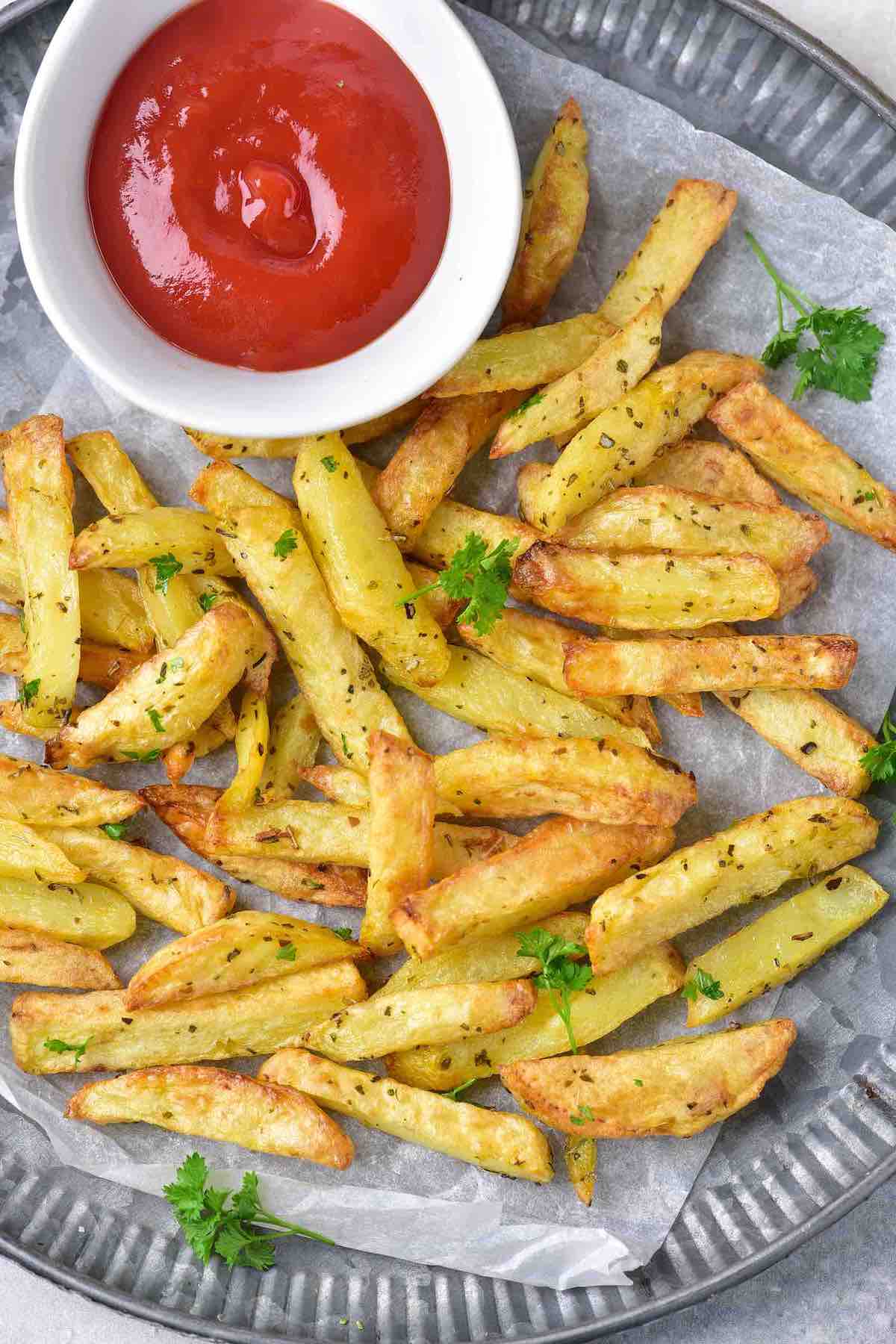air fryer french fries with tomato ketchup.