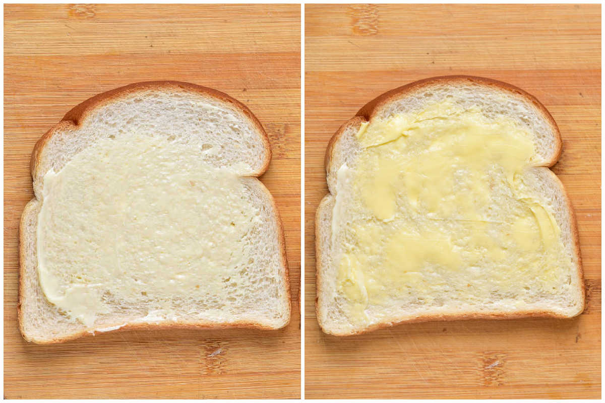 butter and mayonnaise on two slices of bread.