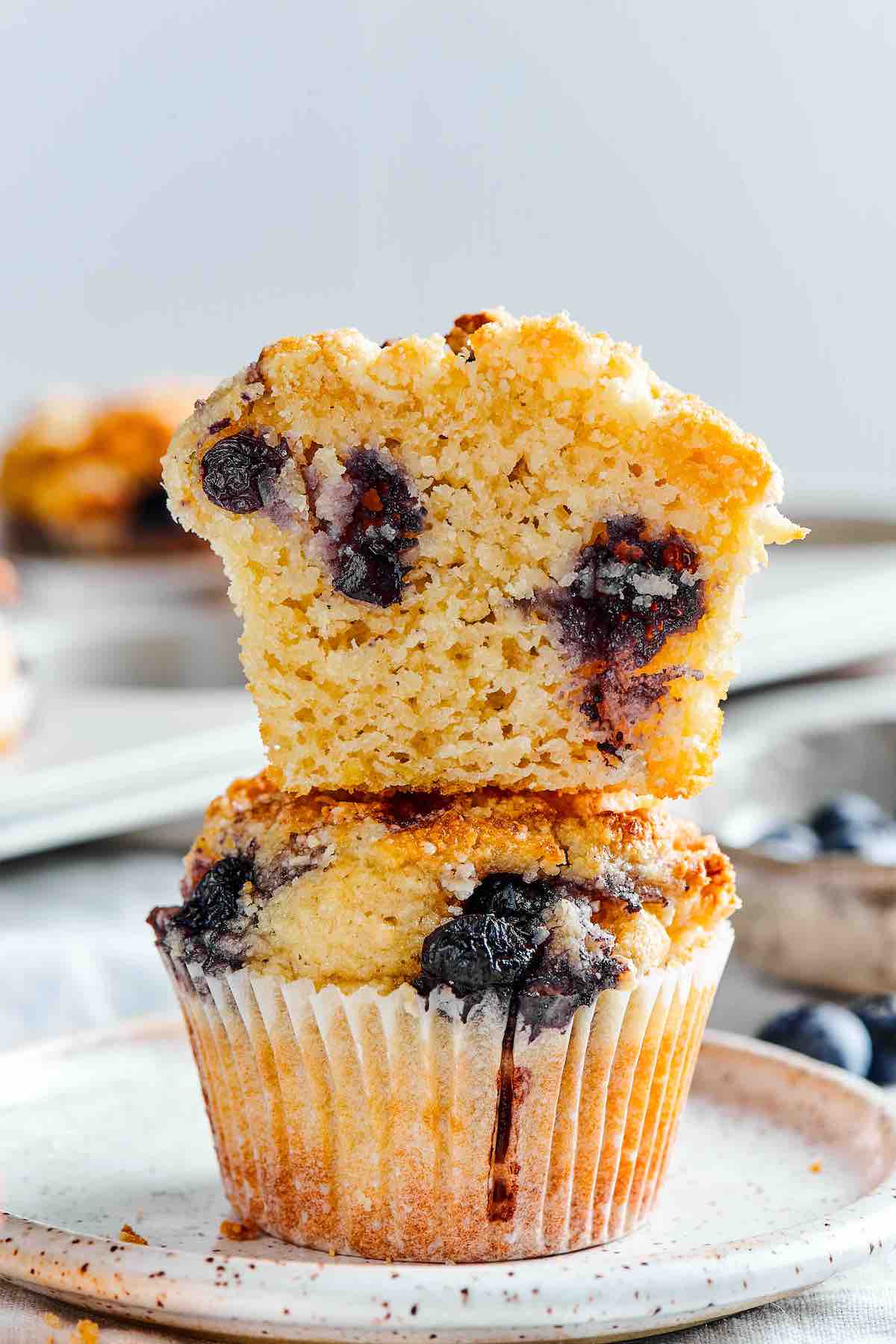 low carb blueberry muffins stacked.