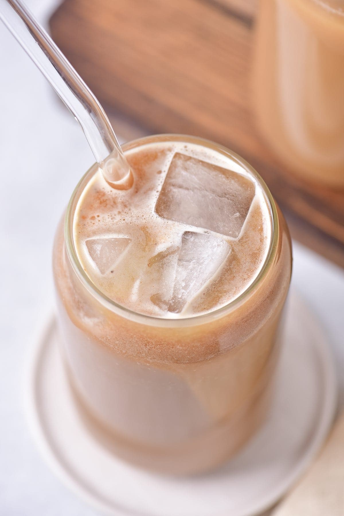 protein coffee in glass cup.