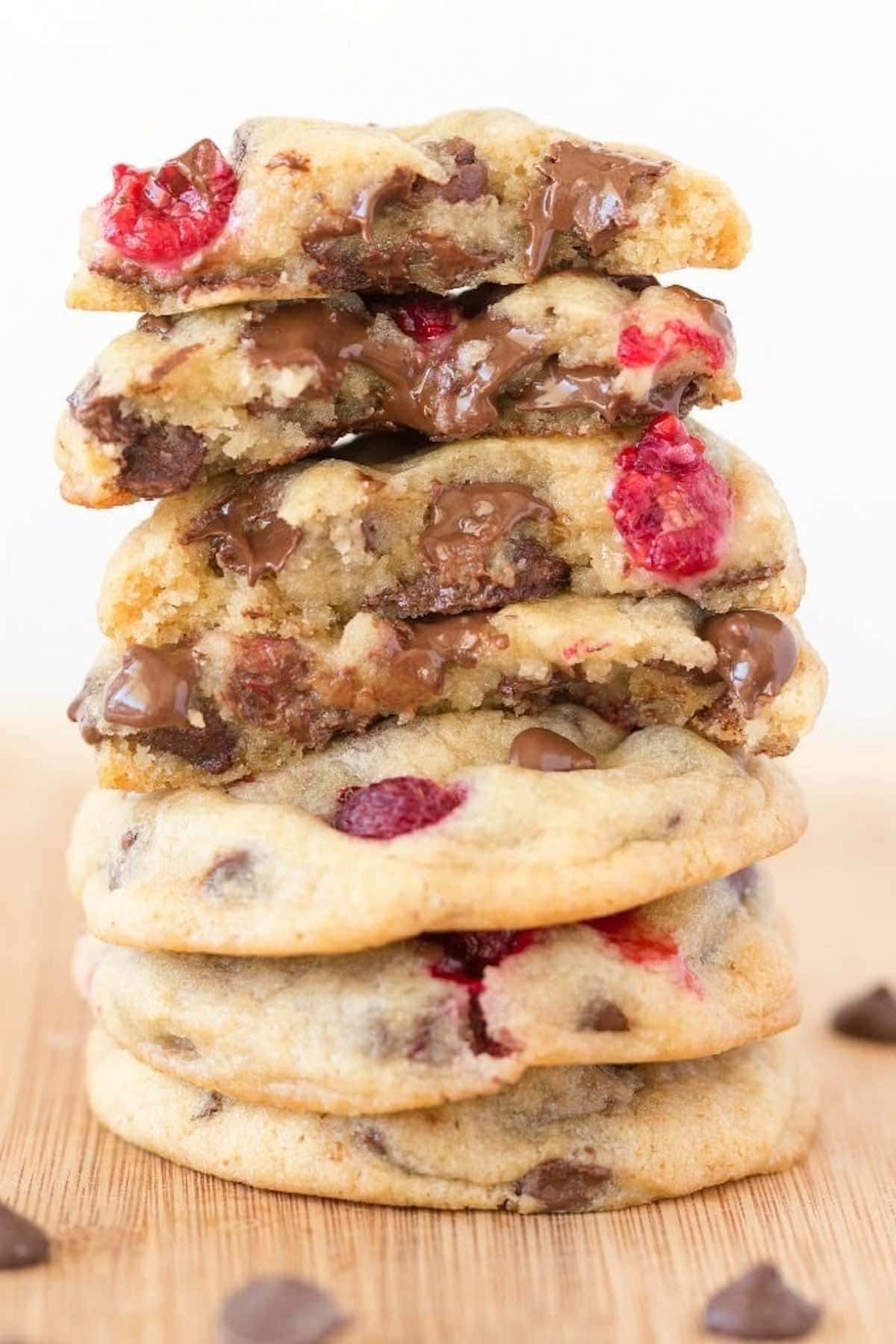 soft and chewy raspberry cookies with chocolate chips.