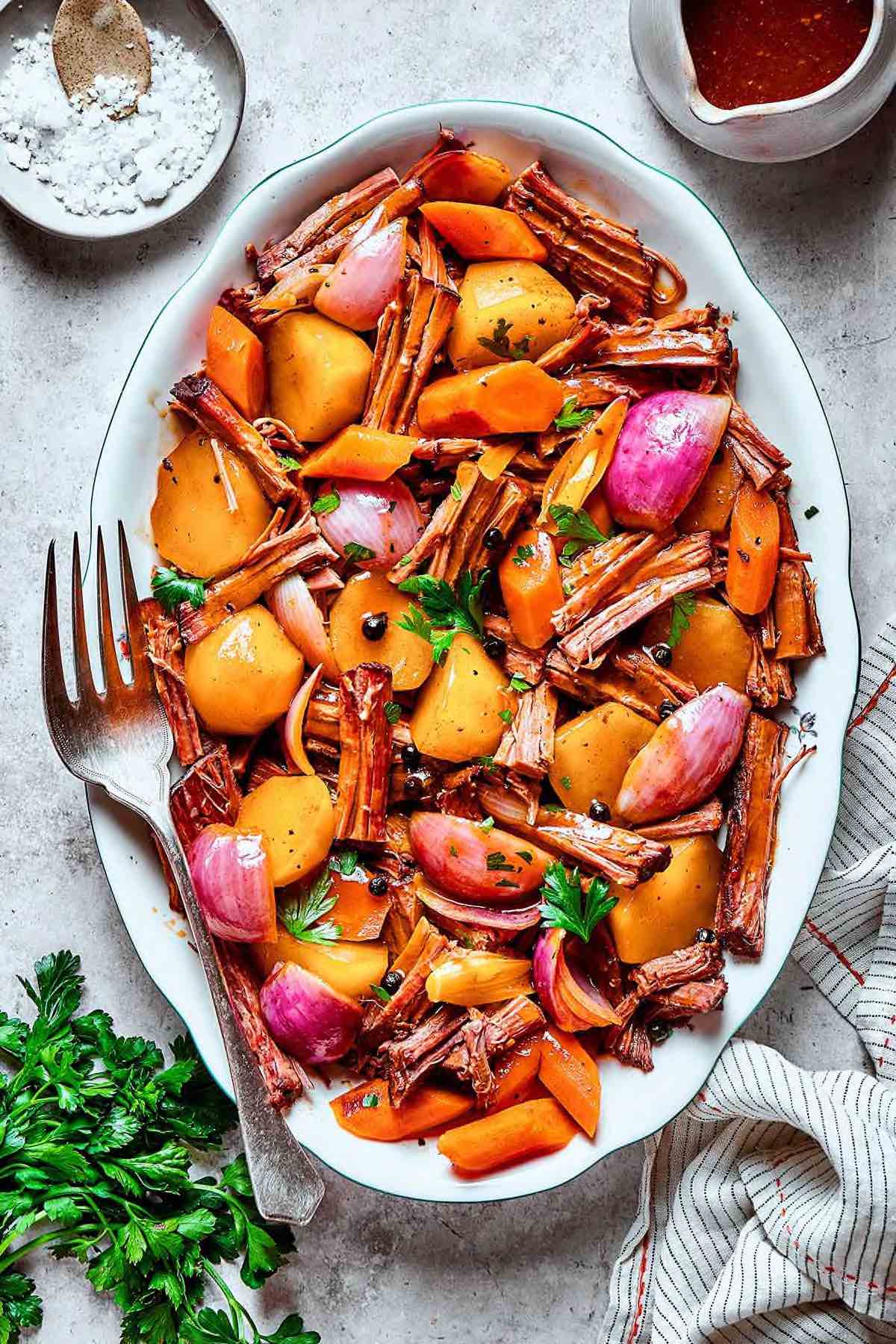 roasted venison with root vegetables.